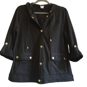 Chico’s Size 1 Black Snap Front Utility Jacket‎ Hoodie Pockets Stretch Cotton...